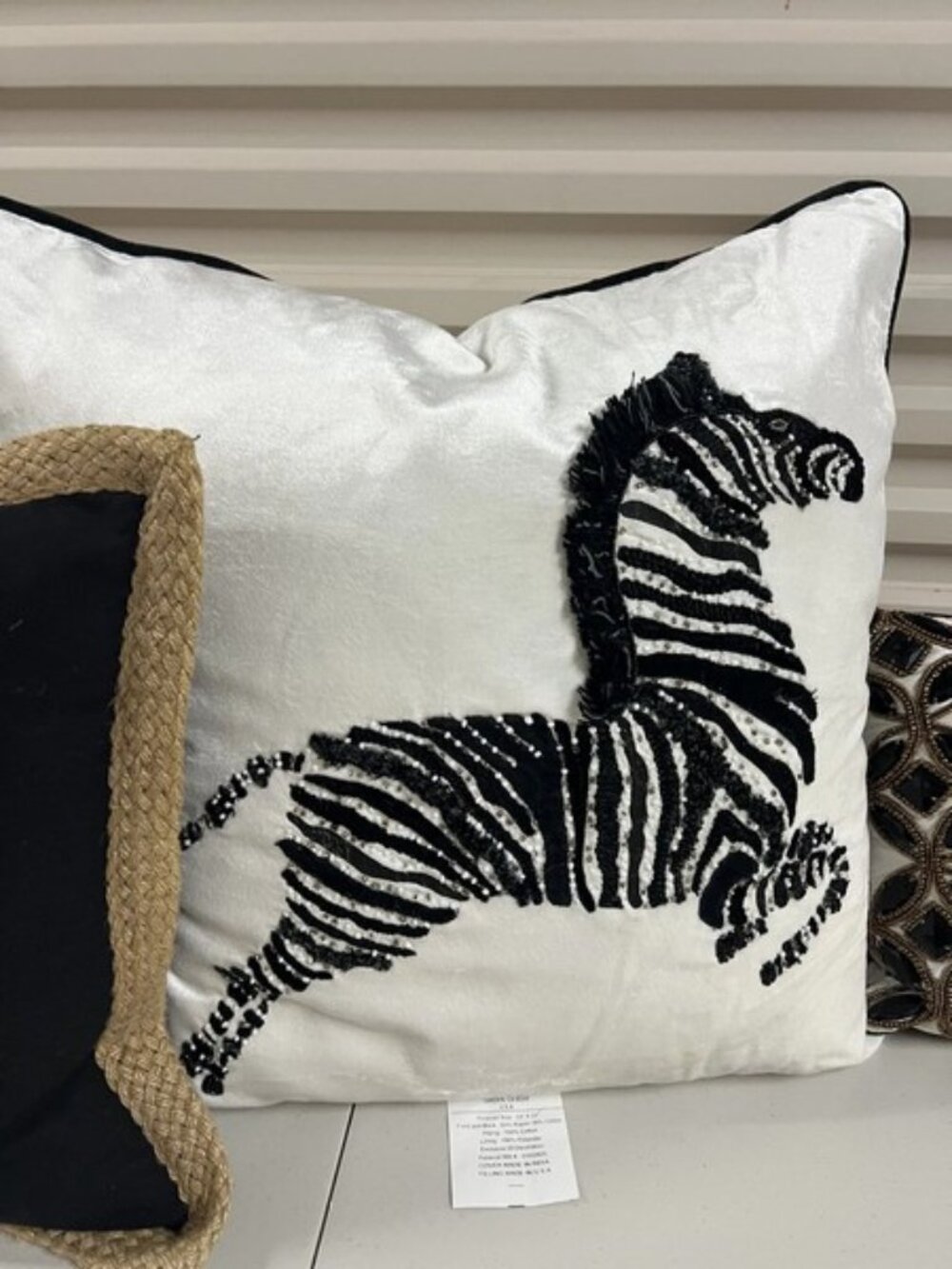 Z GALLERIE NEW CONDITION WHITE SATIN VELVET WITH EMBROIDERED ZEBRA 20" PILLOW
